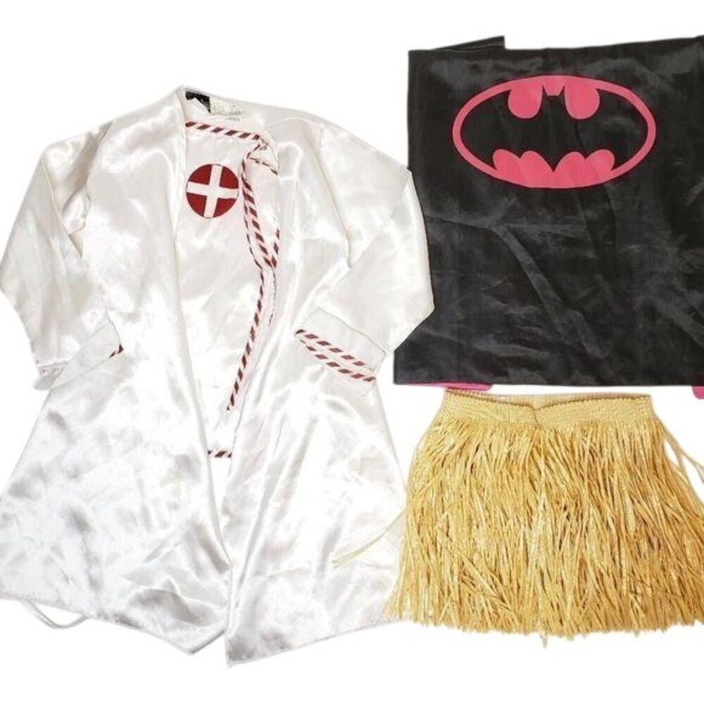 Halloween play dress up costumes lot cape, grass skirt, nurse doctor outfit